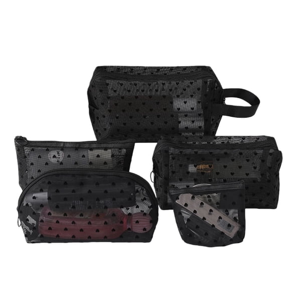 5 Pieces Heart Printed Mesh Makeup Bag Set, Portable Travel Mesh Cosmetic Bags Toiletry Bags Makeup Purse Bags with Zipper Storage Pouches for Home Offices Travel Accessories