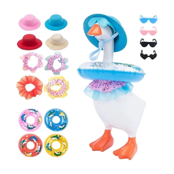 16Pcs Cute 7 Inch Desk Goose Accessories Set, Mini Porch Goose Outfits with Hats Sunglasses Swim Rings and Collars for Desktop Statue Decor