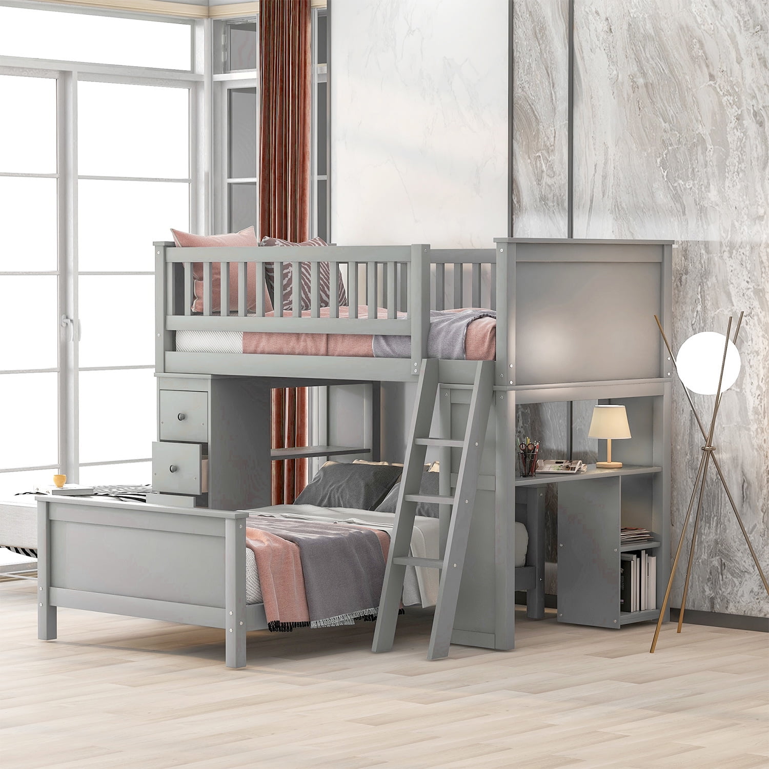 bunk beds with desks