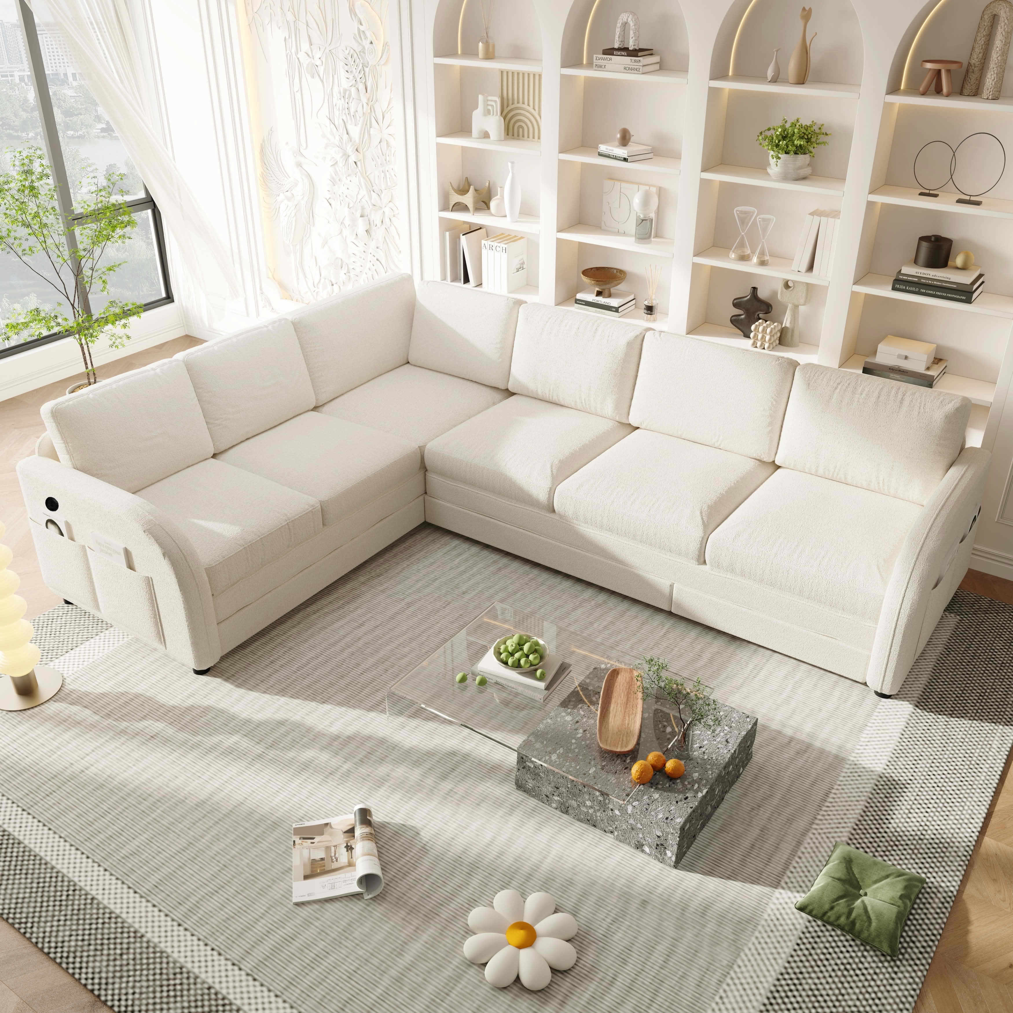 MAYEERTY 115.2" L‑Shaped Convertible Sleeper Sofa, Sherpa Fleece Sectional Couch with Pull‑Out Bed, Side Pocket & USB Port, Reversible Left/Right Chaise