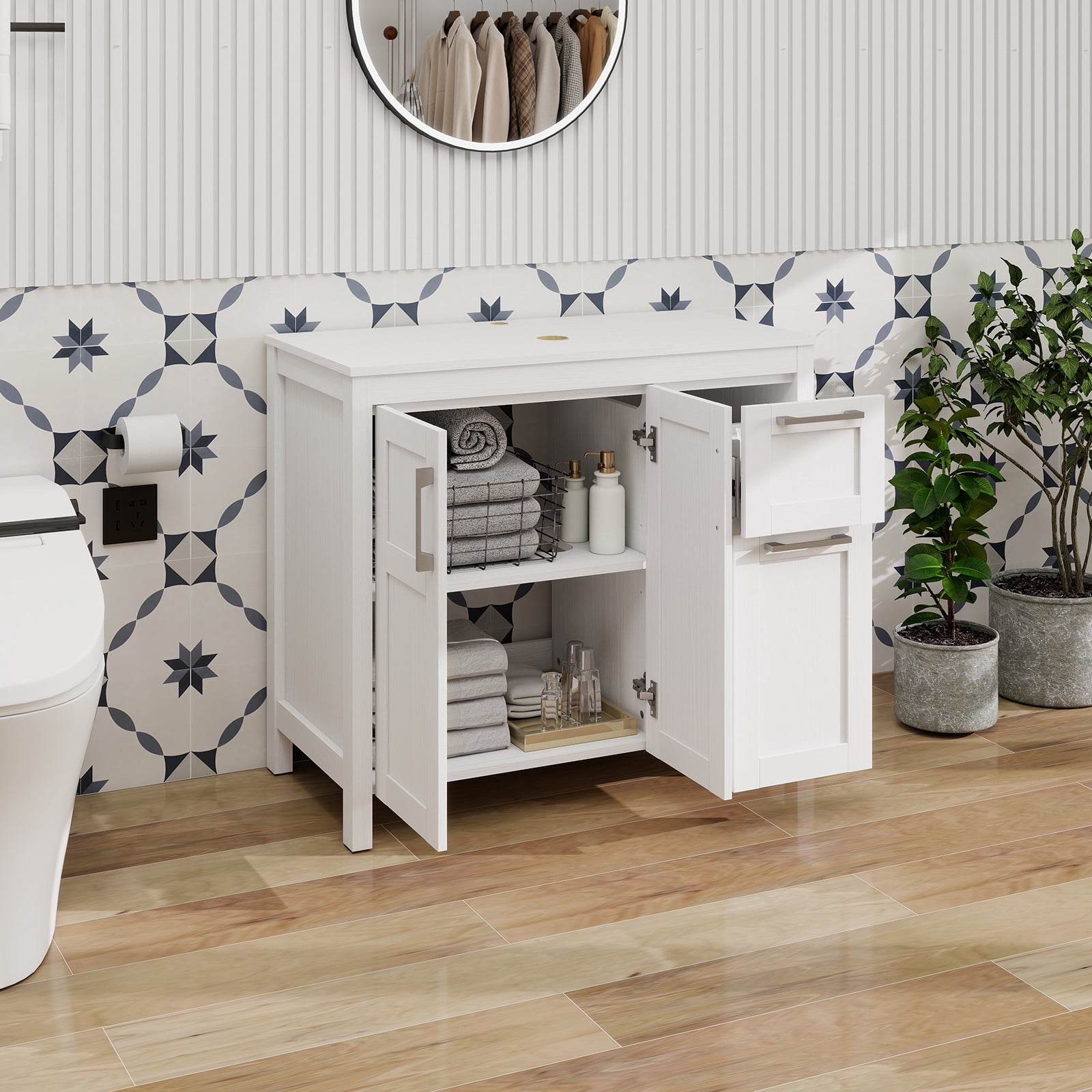 ELECWISH 36 Inches Traditional Bathroom Vanity in White Finish, Single Bathroom Vanity with Top, 2-Door Cabinet and 2 drawers