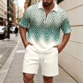 thumbnail image 2 of Men Striped Waffle Knit 2 Piece Outfit, Half Zip Short Sleeve Polo Shirt & Matching Drawstring Shorts Summer Casual Set Mint Green XXXXXXL, 2 of 4