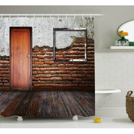 - Antique Decor Shower Curtain Set, Picture Frame Put On A Damaged Brick Wall In Aged Old Room Rustic Wooden Floor , Bathroom Accessories, 69W X 70L Inches, By Ambesonne