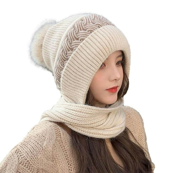 Women 2 In 1 Scarf And Hat Ladies Winter Thermal Knitted Beanie Hat Fleece Pom Pom Neck Warmer Hat