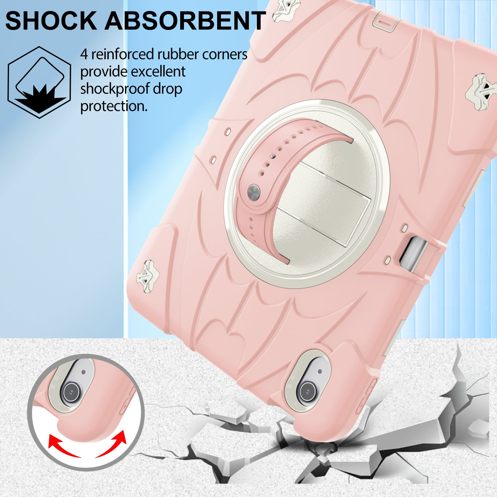 ELEHOLD Case for Apple iPad Air 11 (2024), Heavy Duty Shockproof Case with Pencil Holder/Stand/Hand Strap/Shoulder Belt, Rugged Protective Cover for Boys Girls,Pink
