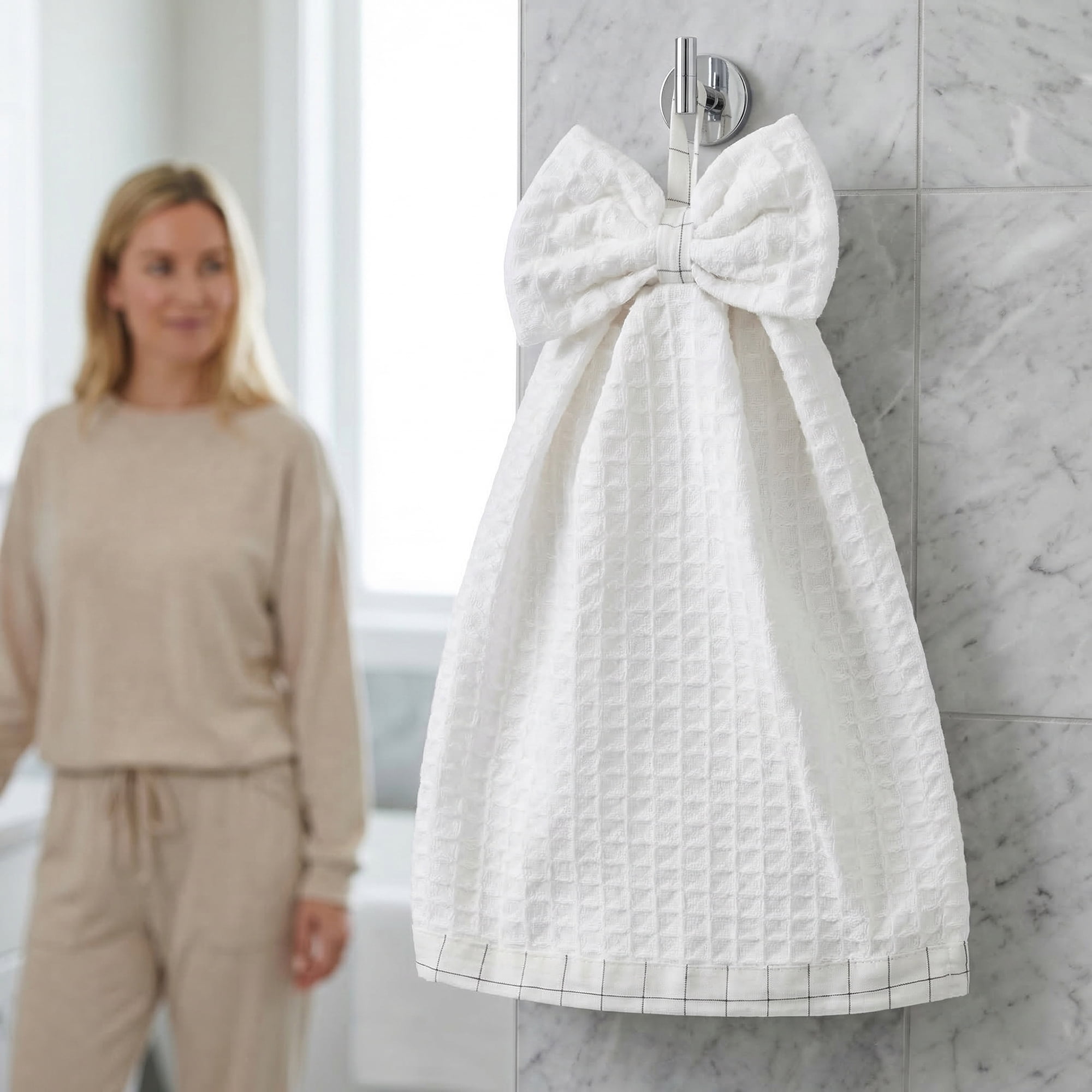 Unique Bargains 2 Pack Waffle Weave Hanging Hand Towels with Bowknot White 13" x 9"
