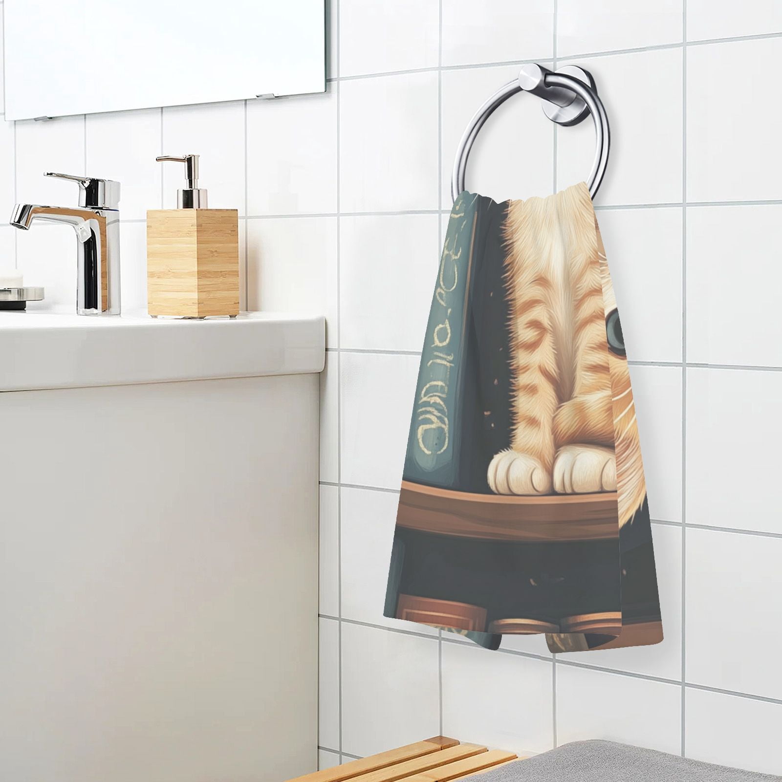 Cute Cat and Books Hand Towels Cotton Bath Towels Large Face Towels Absorbent for Bathroom 2 Packs