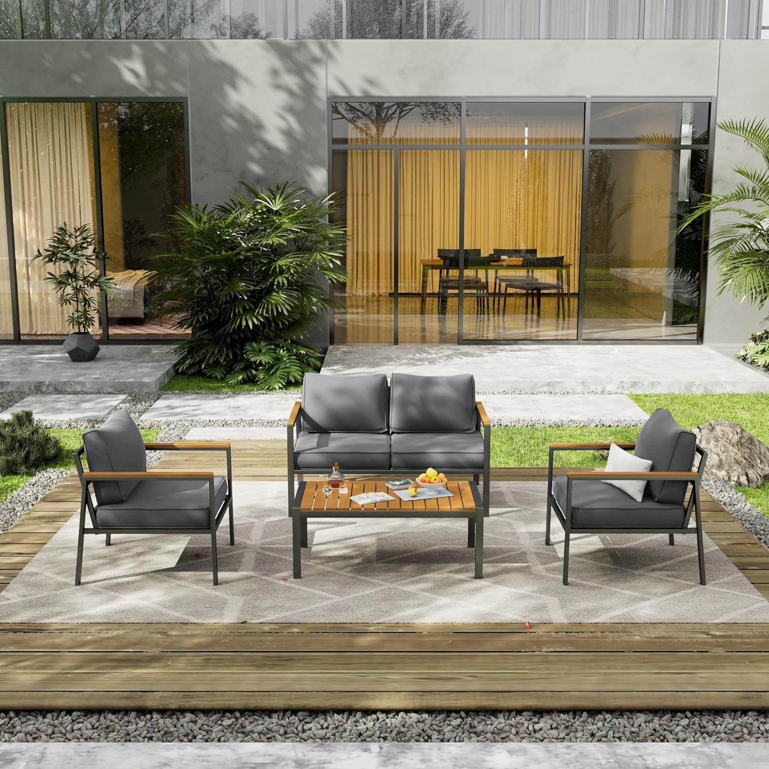 Aluminum Patio Furniture Set 4 Pieces Patio Conversation Set Outdoor Sectional Sofa with Thicken Cushion and Plastic-Wood Coffee Table, Patio Sets Fits Garden Backyard Balcony (Grey)