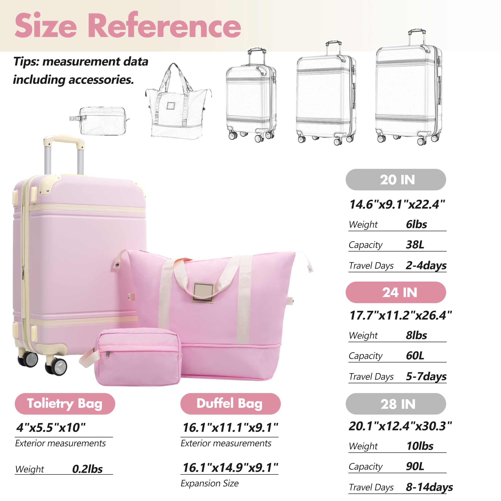 Hardshell Luggage Sets with Bags Lightweight Suitcase Double Spinner Wheels with TSA Lock ,Single Vintage Luggage 24 IN,Light Pink