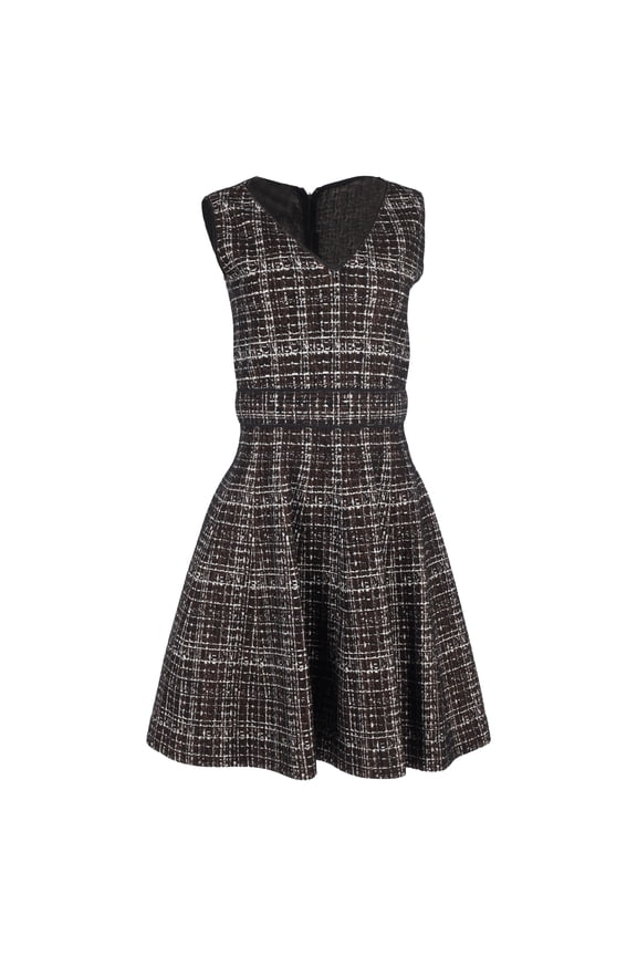Pre-Owned Prada Plaid Knee-Length Flared Dress in Brown Wool
