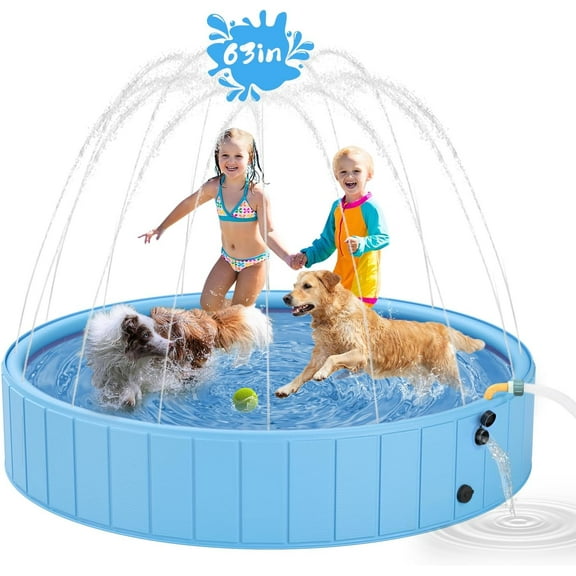 Dog Pools for Large Dogs, 2-in-1 Sprinkler Pool for Kids Non-Slip Dog Swimming Pool for Outdoor Backyard Kids Dogs Ducks and Pet Baths 63" x 12"
