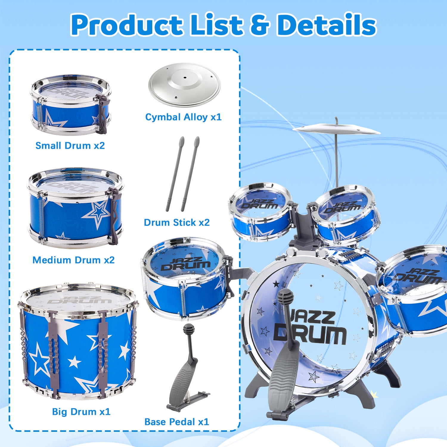 Zacro Kids Drum Set for Toddlers, Jazz Drum Set Musical Instrument Toys with Stools, Percussion Beginner kit for Boys Girls Toddlers Aged 2 3 4 5