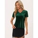 thumbnail image 4 of Camiseta casual de manga corta con cuello en V y parte superior de terciopelo para mujer Verde S, 4 of 5