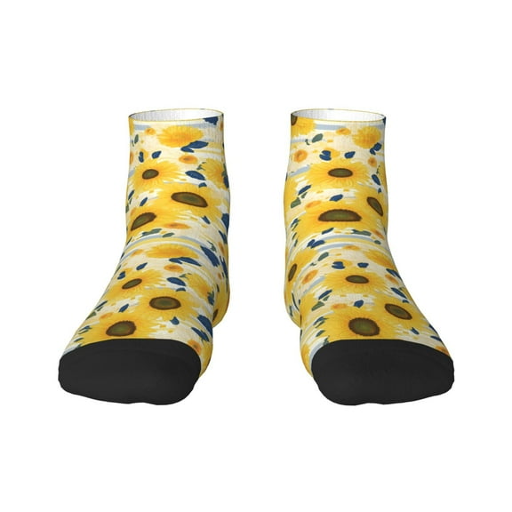 Rateoe Navy Blue Leaf Sunflower Pattern Quarter Crew Socks,Toe Seamed Ankle Socks,Cotton Cushioned Breathable Athletic Crew Sports Socks