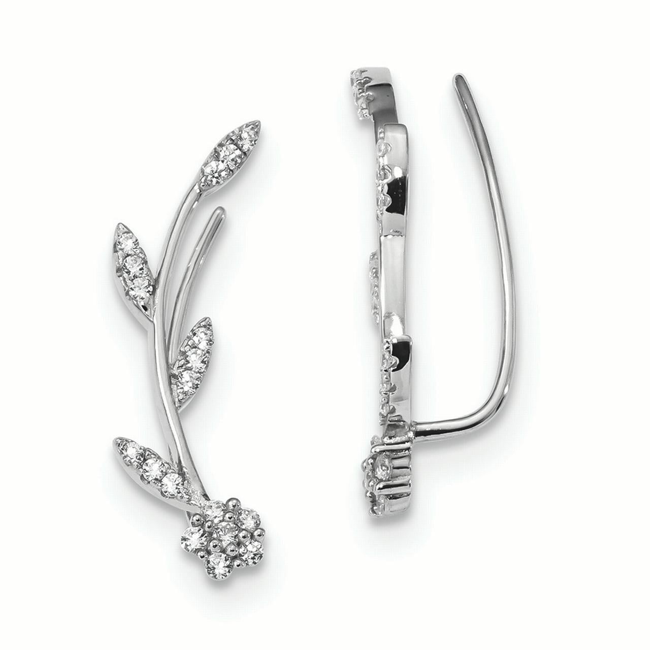 Womans Crawler Climber PIN Earrings With CZ FLOWER Gemstones Sterling Silver