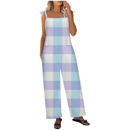 

JWZUY Women s Plaid Print Jumpsuit Long Cotton Linen Romper Tie Strappy Trousers Casual Summer Pants Blue L