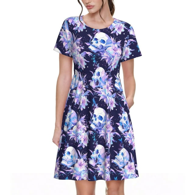 Balery blue starry sky Skull flower Vestidos sueltos de manga corta para mujer, vestidos de verano 2025, vestidos casuales de corte A con vuelo.