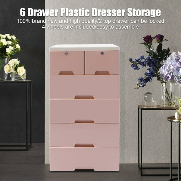 Dwellnix Rolling Plastic Drawer Dresser – 6-Tier Storage Organizer for Kids’ Room, Bedroom, and Living Room, Pink