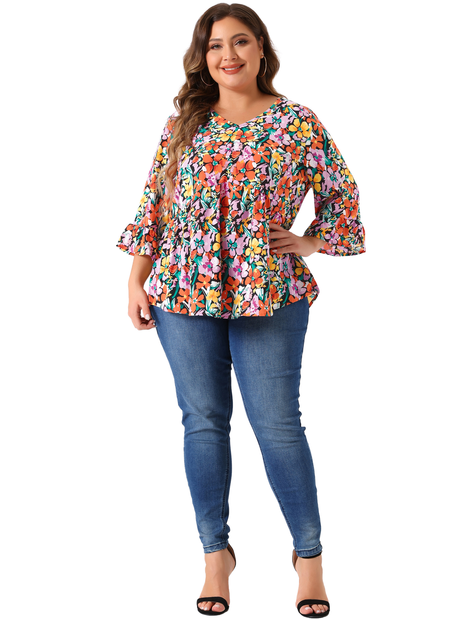 Women's Plus Floral Blouses V Neck Ruffle 3/4 Sleeve Babydoll Peplum Tops 1X Orange Black