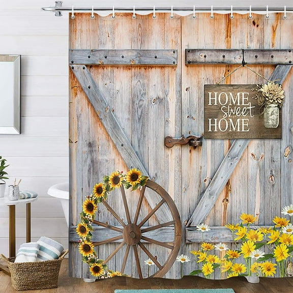 Rustic Barn Door Shower Curtain Bathroom, Western Farmhouse Shower Curtain Set with 12PCS Hooks Countryside Life American Country Wooden Garage Cabin Bath Curtain, 70X70IN