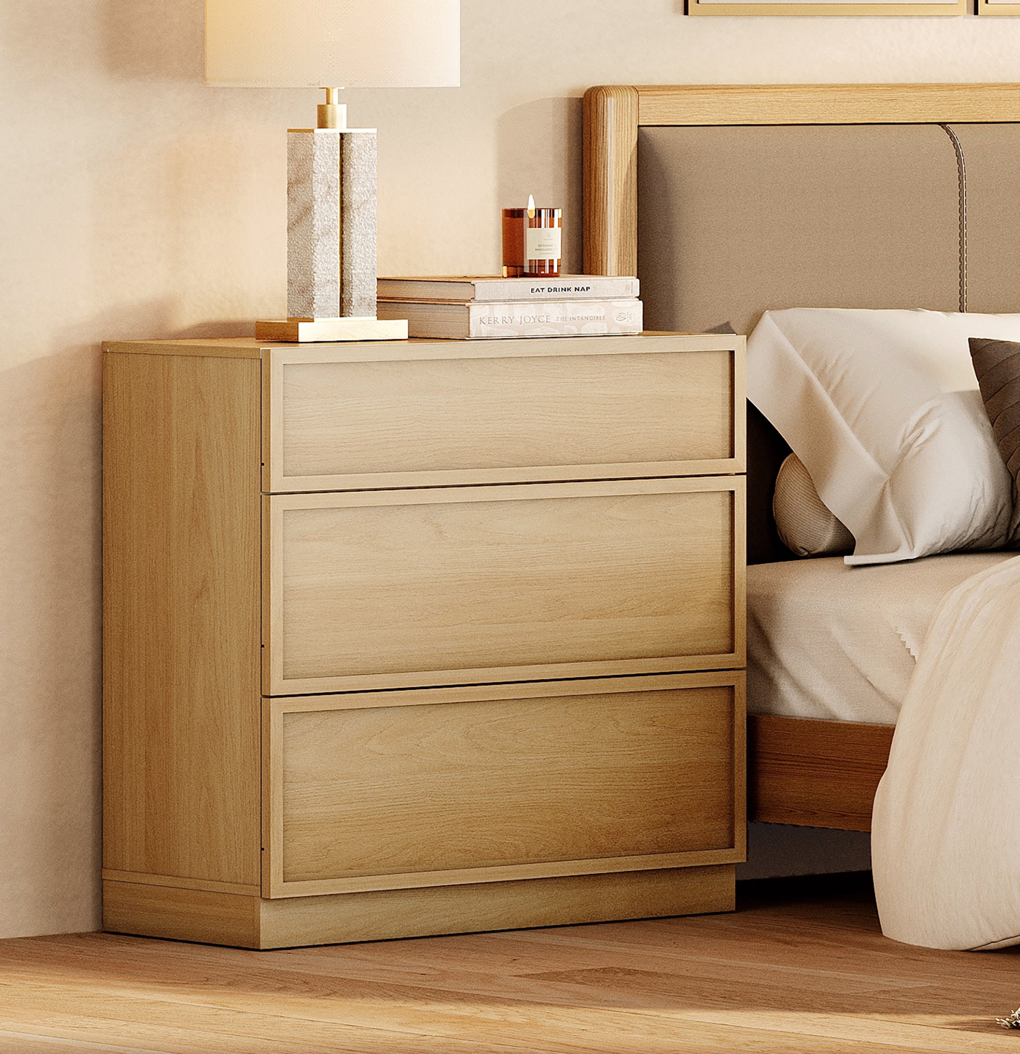 Set of 2 Nightstand with 3 Drawers, Modern Tall End Table with Large Storage for Living Room, Bedroom Wooden Side Table and Closet Organizer