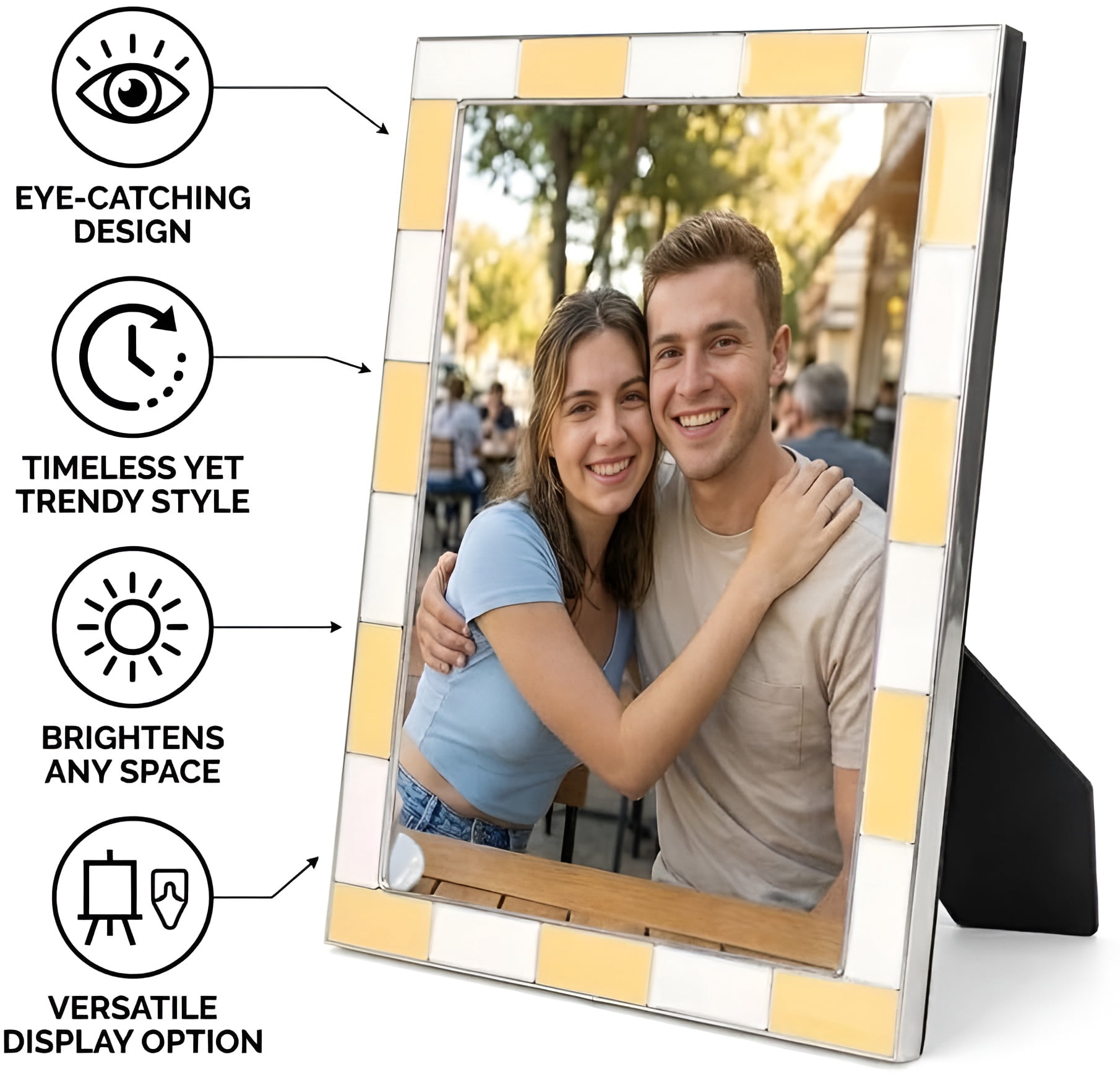 Concepts 4x6 Picture Frames Yellow & White Checkered Retro Enamel Photo Frames with HD Clear Glass, Durable Wall or Tabletop Display Vertical/Horizontal (pack of 4)