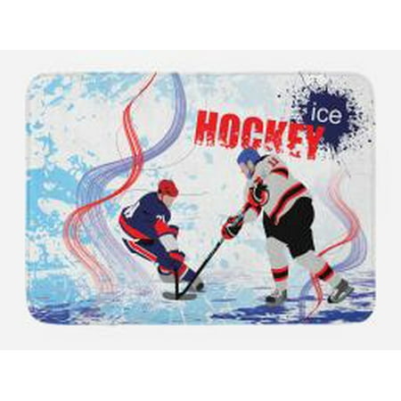 Hockey Bath Mat Two Ice Hockey Players In Cartoon Style On Grunge Abstract Skating Rink Backdrop Non Slip Plush Mat Bathroom Kitchen Laundry Room