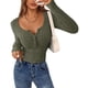 thumbnail image 1 of Top PRETTYGARDEN Mujer Camiseta Henley de Manga Larga Verde Militar, 1 of 8