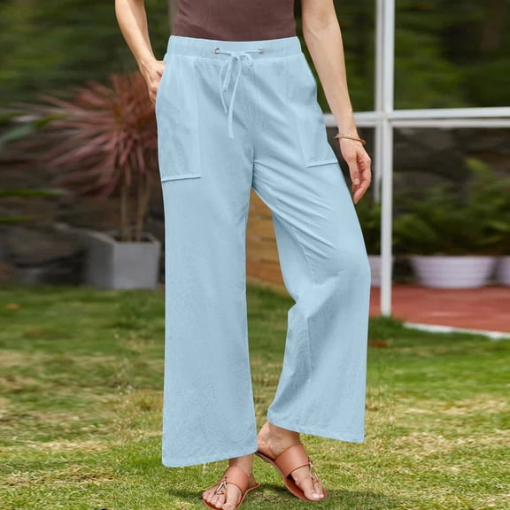 Drawstring Elastic Waist Wide Leg Trousers Womens Summer Linen Ankle Length Pants with Pockets for Beach Vacation Drawstring Pants Women Light Blue XL