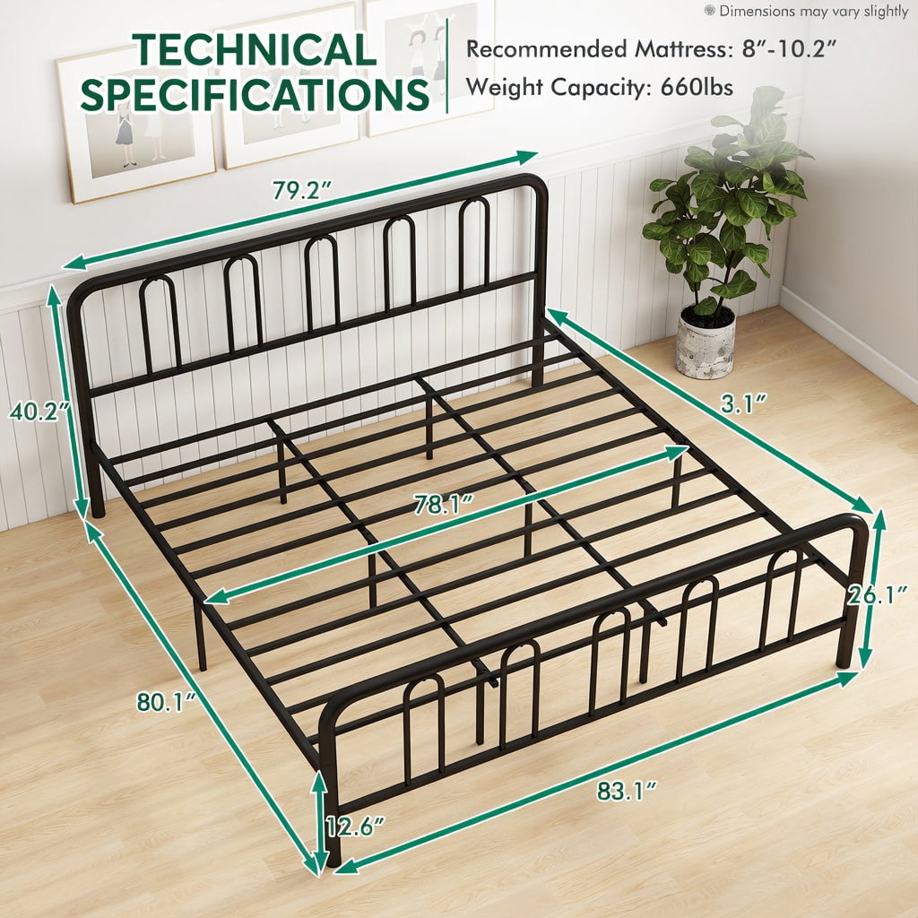 Barara King Bedroom Bed Frame with Headboard and Footboard, King Size Metal Bed Platform Frame for Apartment, Bedroom, Black