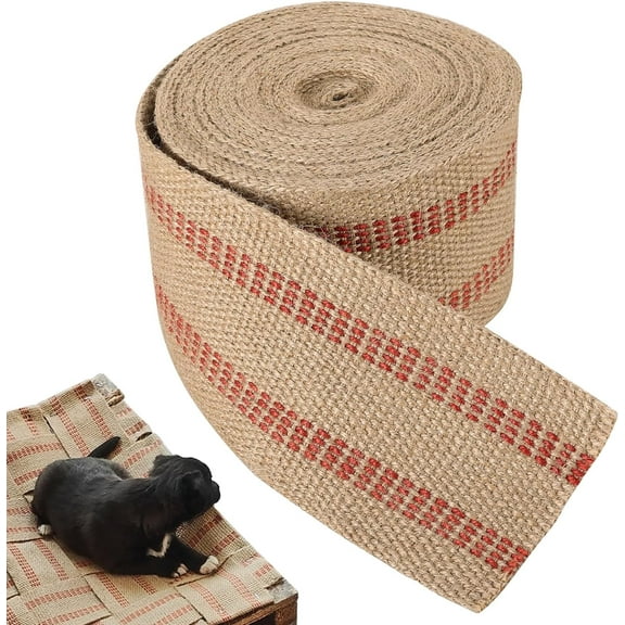 3.5" Craft Jute Webbing Tape | 10 Yards Roll Natural Burlap with Red Stitching for Upholstery, Crafts, Chairs