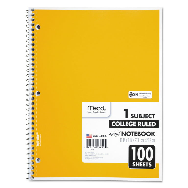 Mead Spiral 1-Subject Notebook, 8 X 11, College Ruled, 100 Sheets, Assorted  Colors, Each (06622) (Other)