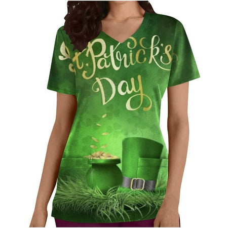 

JeashCHAT Womens Scrub Tops Fashion Women s V-Neck Casual Short Sleeve Printed Pockets Ladies Tops Blouse