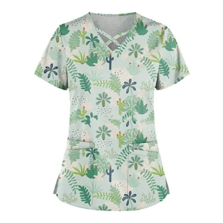 

SHUDAGENG Womens Tops Plus Size Cute Printed Scrub Working Uniform Tops for Womens Cross V Neck Short Sleeve Fun T-shirtss Workwear Tee with Double Pockets Green XXL