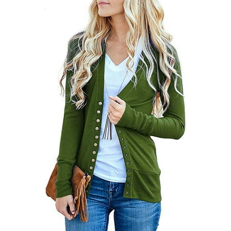 Button Down Long Sleeve Sweater - Women's V-Neck Button Down Knitwear Long Sleeve Soft Basic Knit Snap Cardigan Sweater