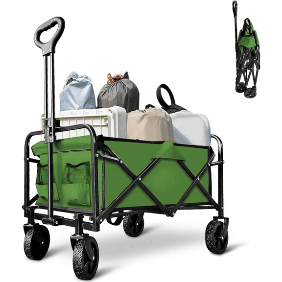 Foldable Wagon Cart, Collapsible Wagon Cart with Heavy Duty Wheels, 220Ibs Portable Folding Utility Wagon for Groceries, Beach, Camping, Outdoor Activities, Green