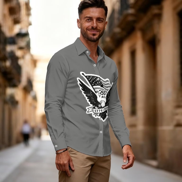 eagle dress shirts slim fit Chririnla Retro USA 250th Eagle Tee for Men Comfortable Shirts Breathable  Long Sleeve T-Shirt Athletic Tops Slim-Fit Hawaiian Shirts Men's  Fashionable Brown Up 4th of July Clothes