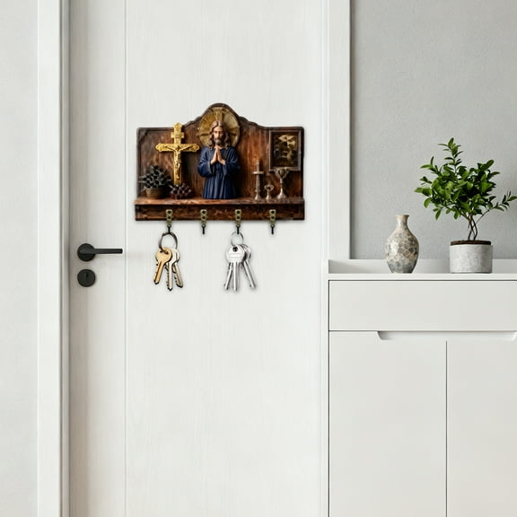 CLEARANCE Wooden Multifunctional Home Key Holder 2D Flat Wall Art Keychain Holder With 4 Hooks Autumn Wall Mounted Key Rack Welcome Sign