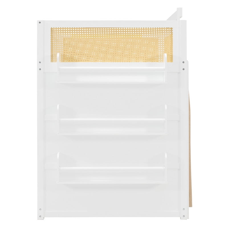 Twin-Over-Twin Bunk Bed with Bedside 3-Tier Storage Bookshelf, Teens/Kids Rattan Guardrail Bed Frame with Curtain & Light