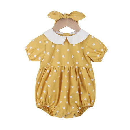 

Toddler Girls Outfit Baby Short Sleeve Polka Dot Romper With Headbands Outfit Set Clothes 2Pcs