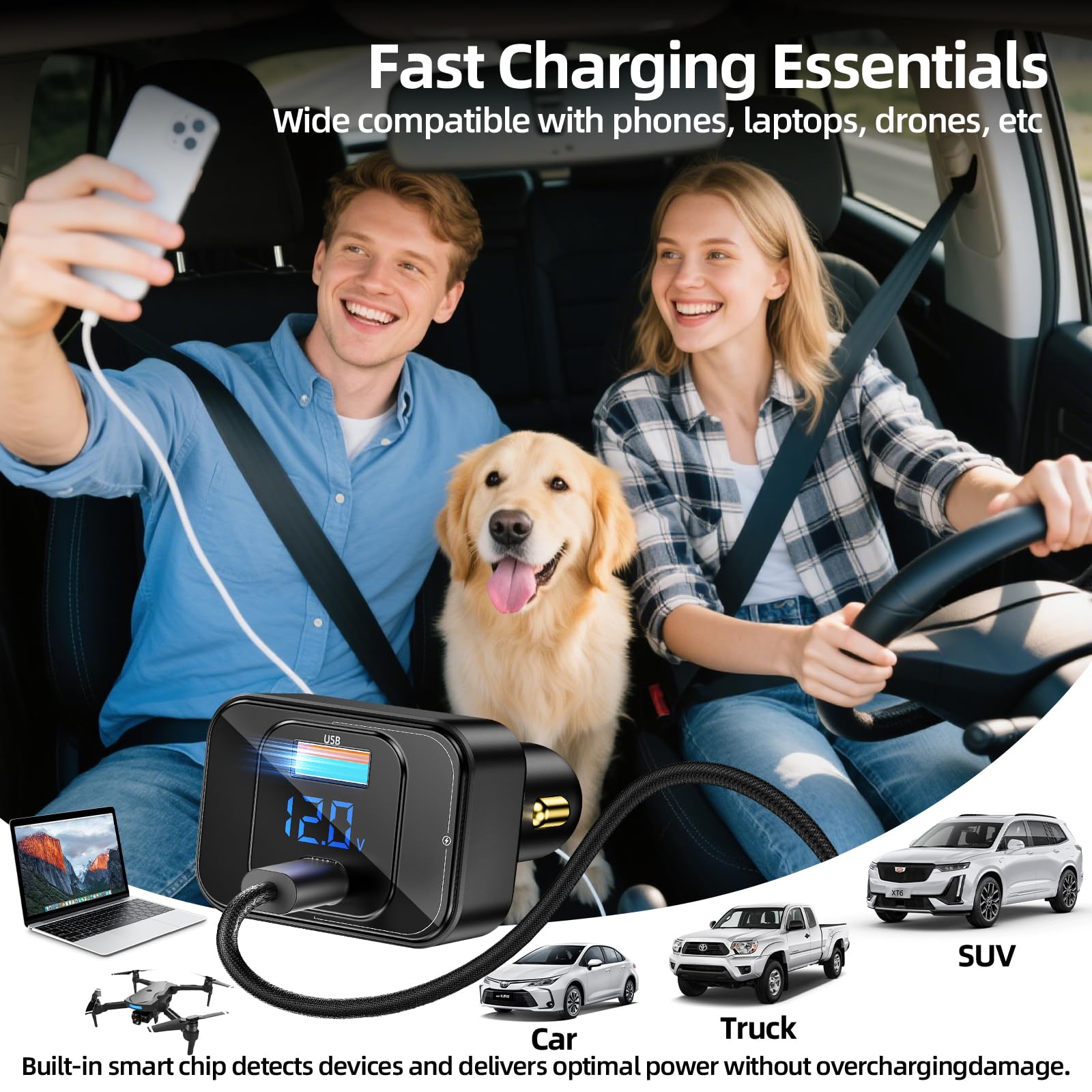 GUANGHUI 170W PD3.1 Car Charger with LED Voltage Display, USB-C Cigarette Lighter Adapter Fast Charging (140W+30W) for iPhone 16 Pro Max/Samsung S25 Ultra/MacBook/Drones/Laptops, 12V-24V Vehicle
