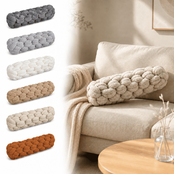 Hand Knot Pillow, Long Cotton Lumbar Cushion for Sofa Bed Reading Lounging and Back Arm Leg Support with Textured Decor Beige 19.29x5.51x5.51in