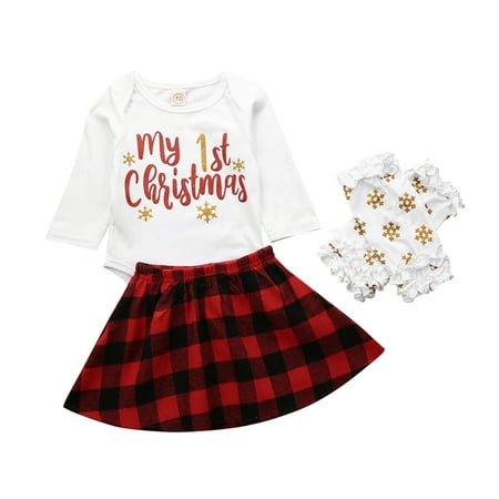 

Infant Baby Girl Skirt Set My 1st Christmas Print Romper Top Plaid Checked Skirt Cothes Outfit