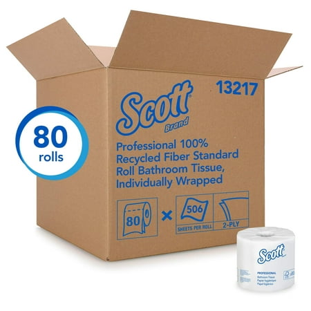Scott Essential Professional 100% Recycled Fiber Bulk Toilet Paper for Business (13217), 2-PLY Standard Rolls, White, 80 Rolls / Case, 506 Sheets /