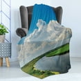 thumbnail image 4 of Nature Soft Flannel Fleece Throw Blanket, Clouds over Moving River Landscape with Meadows Grass Clear Sky Daytime, Cozy Plush for Indoor and Outdoor Use, 50" x 70", Green Blue White, by Ambesonne, 4 of 5