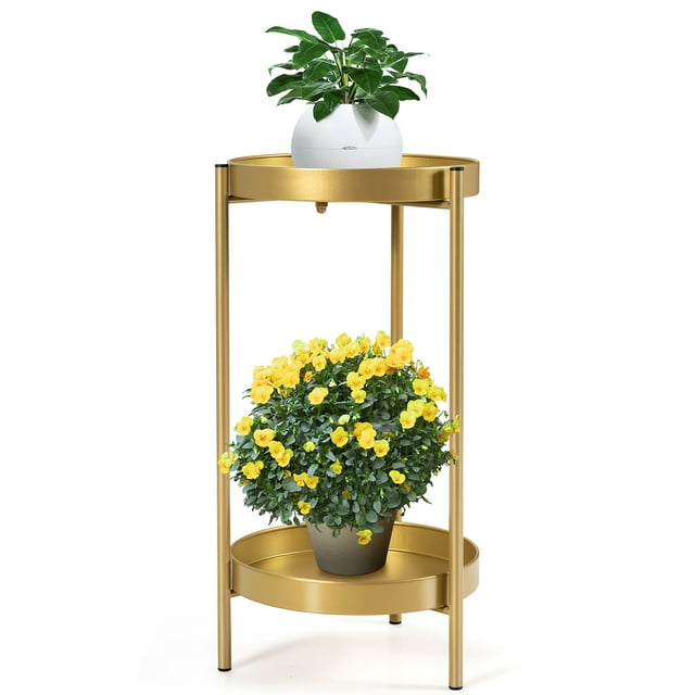 Costway 2 Tier Metal Plant Stand Mid Century Modern Stand w/2 Metal Tray Gold
