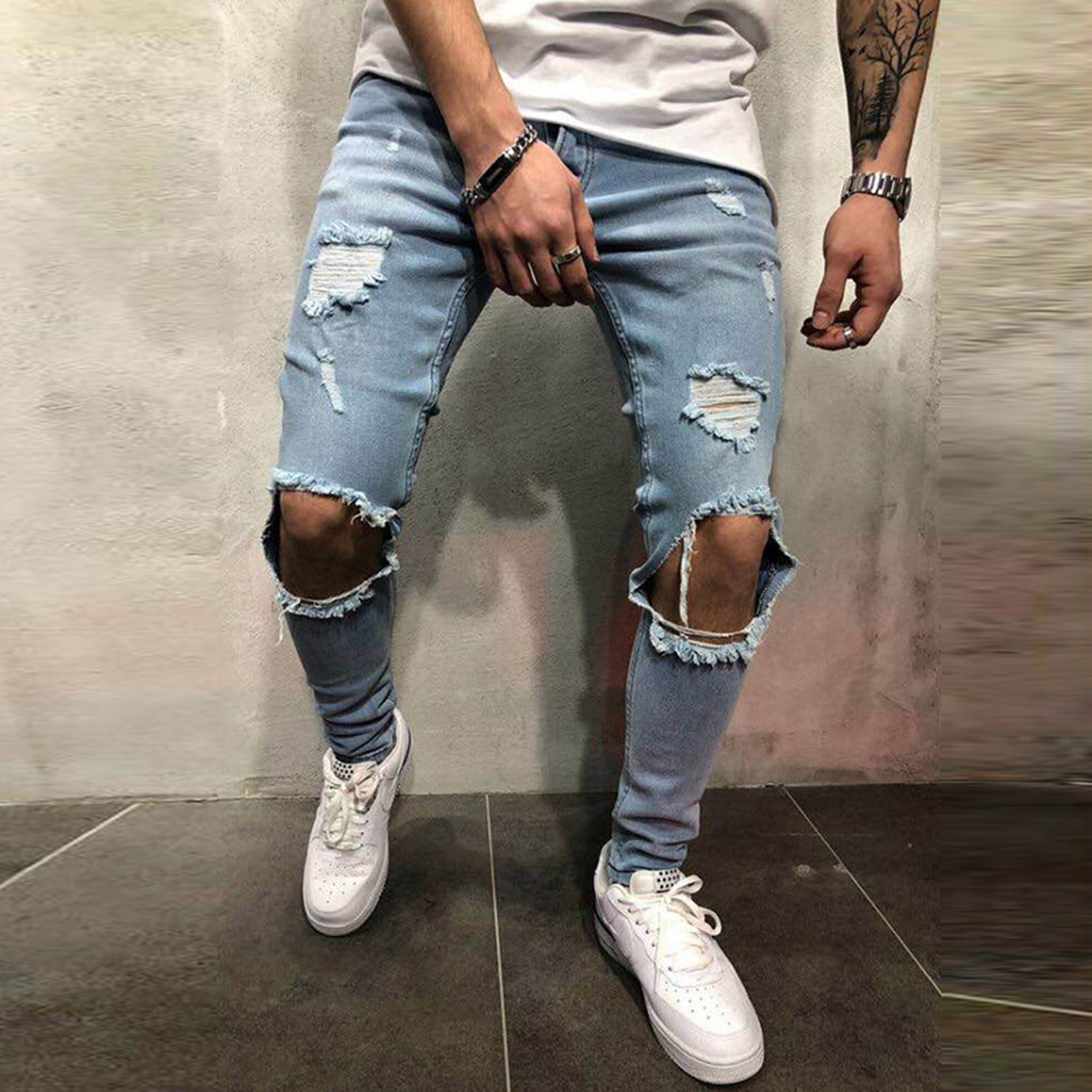 Details about   Mens Long Jeans Skinny Ripped Pencil Pants Slim Frayed Distressed Denim Trousers 