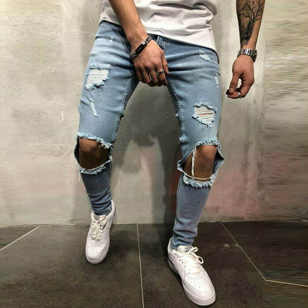 UPAIRC Mens Ripped Knee Denim Pants Casual Distressed Frayed Jeans Slim Fit Skinny Trousers - Walmart.com