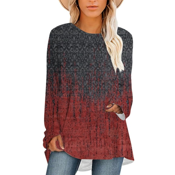 CLOOCL Women Plus Size Blouse Gradient Vintage Pattern Print Fall Long Sleeve Casual Tops