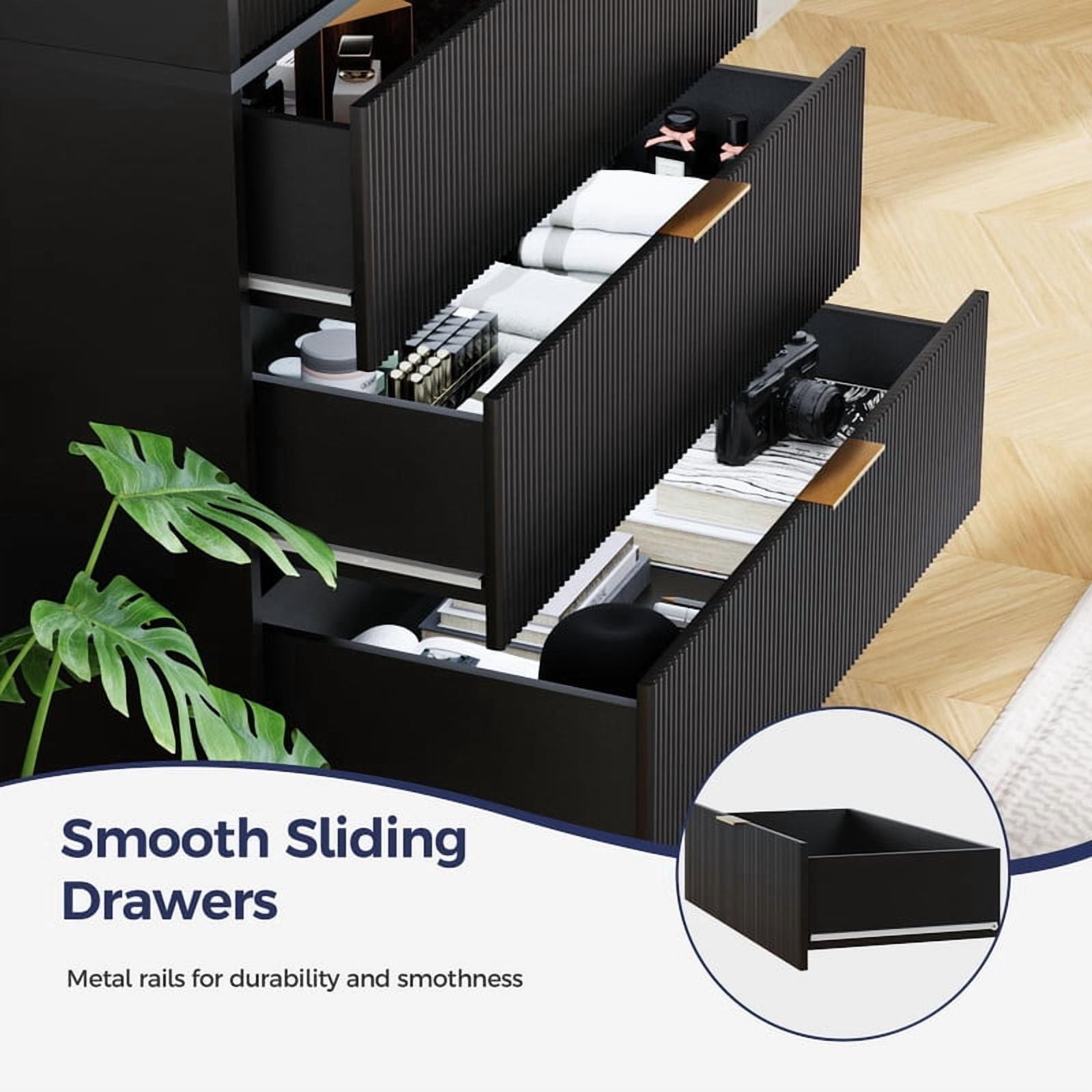 TOPCOMFY Modern Pantry Cabinet with 3 Drawers 2 Doors, Kitchen Storage Cupboard for Organization with Adjustable Shelves & Fluted Panel Design-Black